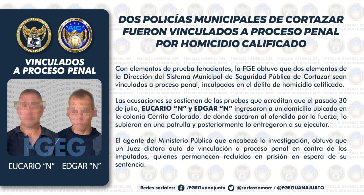 Dos policías municipales de Cortazar vinculados a proceso penal por homicidio calificado. 1